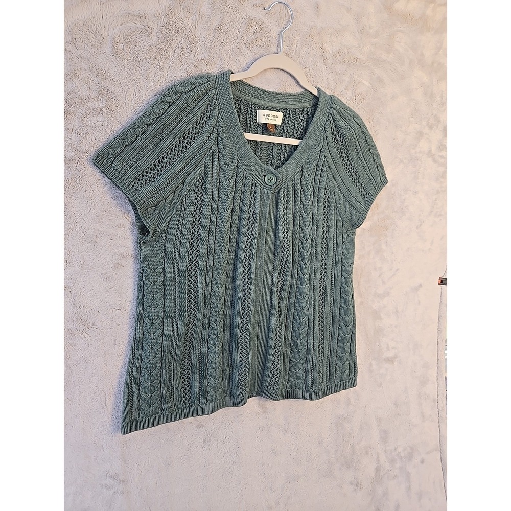 Sonoma Short Sleeve Open Front Cardigan Green Large 1 Button Sz XL - Picture 3 of 8